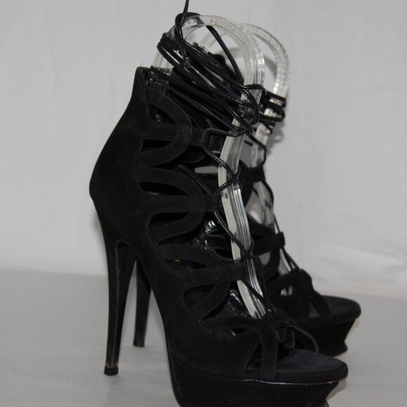 36/US6❤️ SAINT LAURENT BLACK SUEDE LEATHER High Heels Platform Gladiator Sandals - Picture 7 of 11